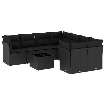 9 Piece Garden Sofa Set with Cushions Black Poly Rattan