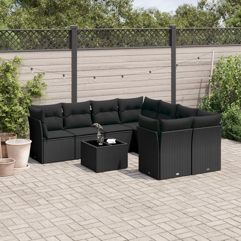 9 Piece Garden Sofa Set with Cushions Black Poly Rattan