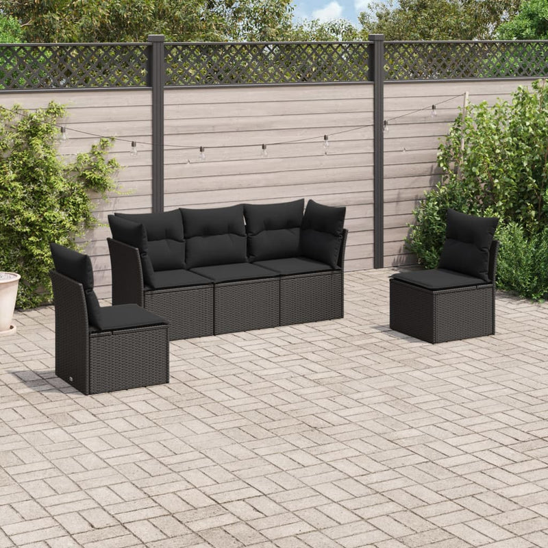 5 Piece Garden Sofa Set with Cushions Black Poly Rattan