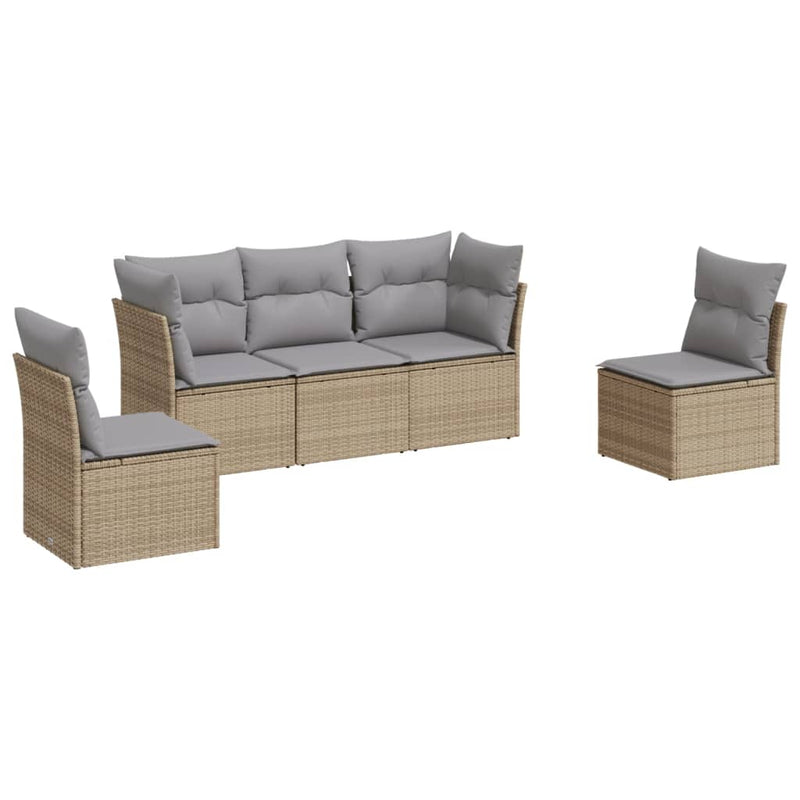 5 Piece Garden Sofa Set with Cushions Beige Poly Rattan