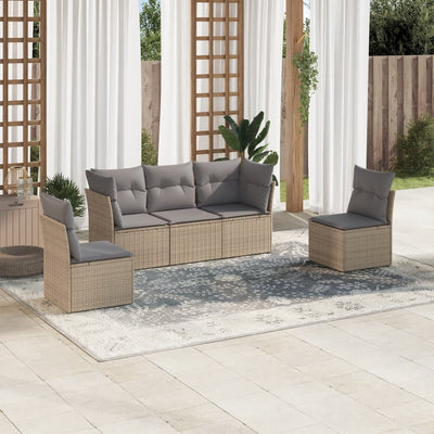 5 Piece Garden Sofa Set with Cushions Beige Poly Rattan