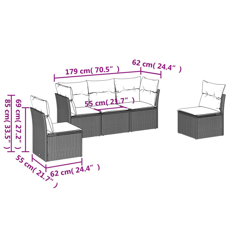 5 Piece Garden Sofa Set with Cushions Grey Poly Rattan