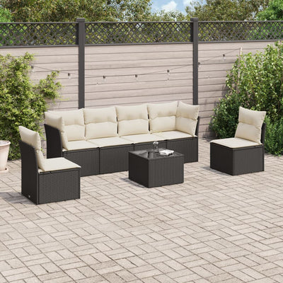 7 Piece Garden Sofa Set with Cushions Black Poly Rattan