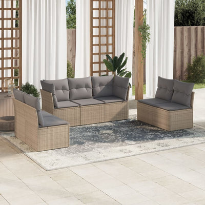 7 Piece Garden Sofa Set with Cushions Beige Poly Rattan