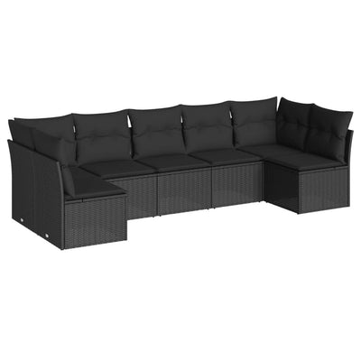 7 Piece Garden Sofa Set with Cushions Black Poly Rattan