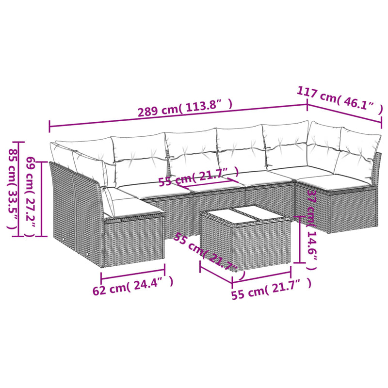 8 Piece Garden Sofa Set with Cushions Grey Poly Rattan