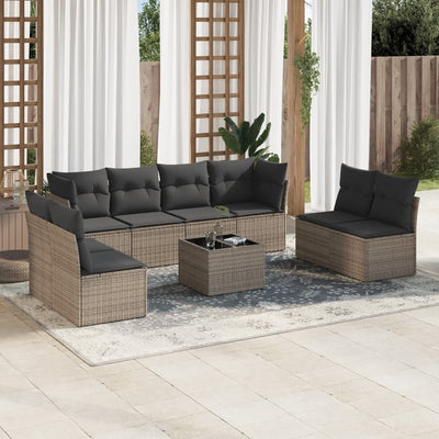 9 Piece Garden Sofa Set with Cushions Grey Poly Rattan