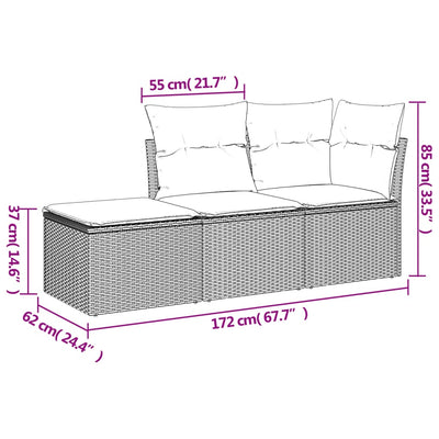 3 Piece Garden Sofa Set with Cushions Grey Poly Rattan