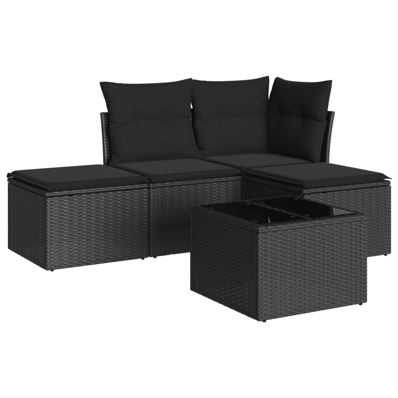 5 Piece Garden Sofa Set with Cushions Black Poly Rattan