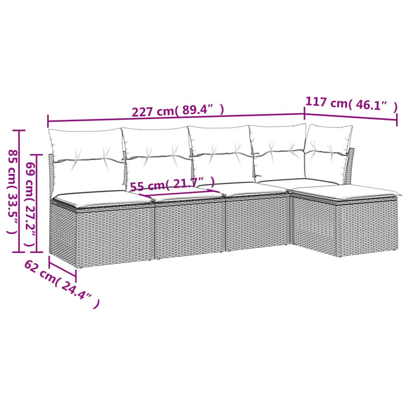 5 Piece Garden Sofa Set with Cushions Grey Poly Rattan