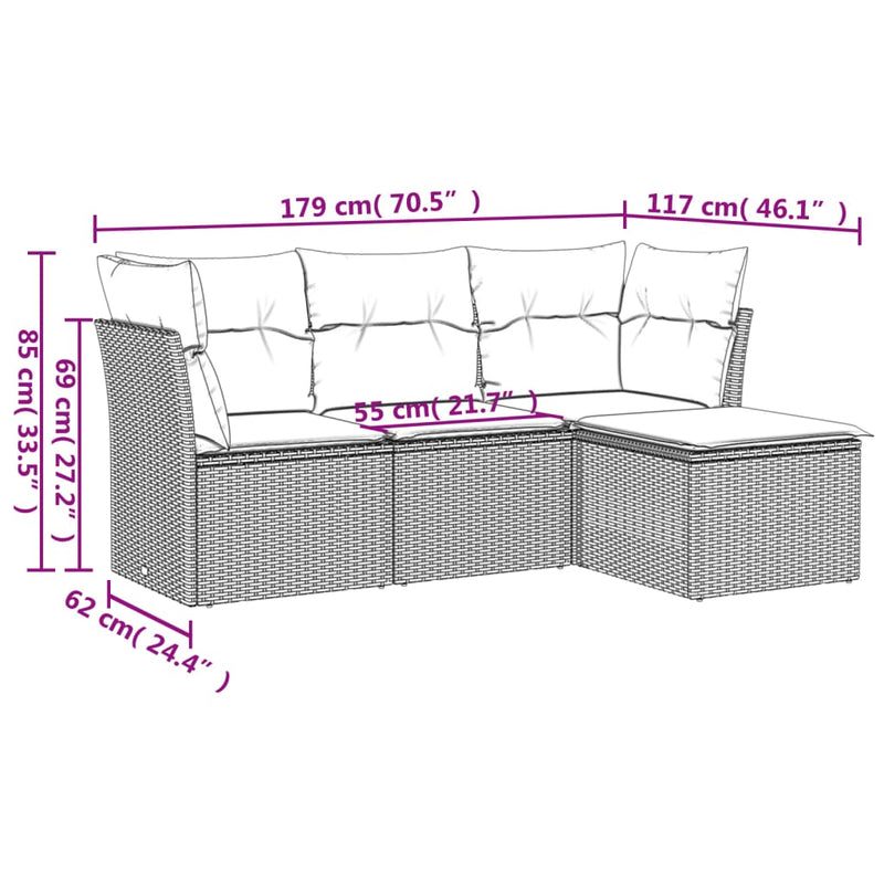 4 Piece Garden Sofa Set with Cushions Grey Poly Rattan