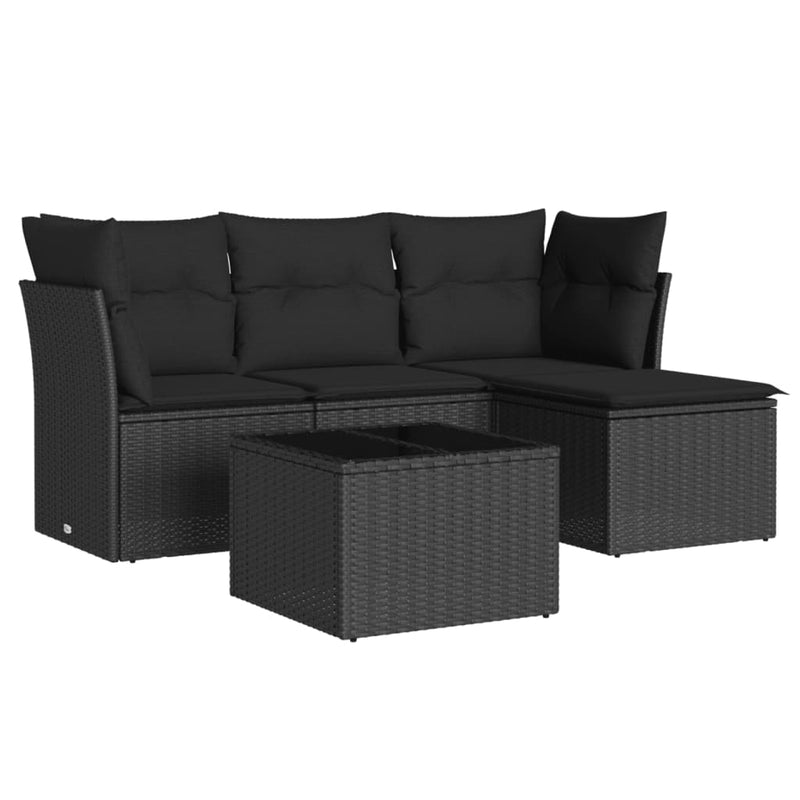 5 Piece Garden Sofa Set with Cushions Black Poly Rattan