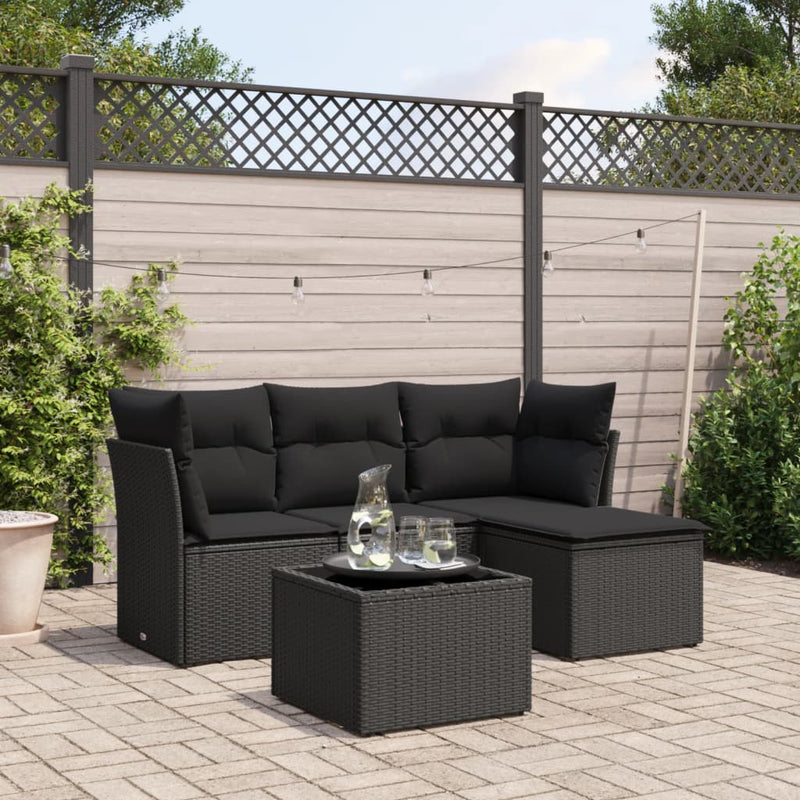 5 Piece Garden Sofa Set with Cushions Black Poly Rattan