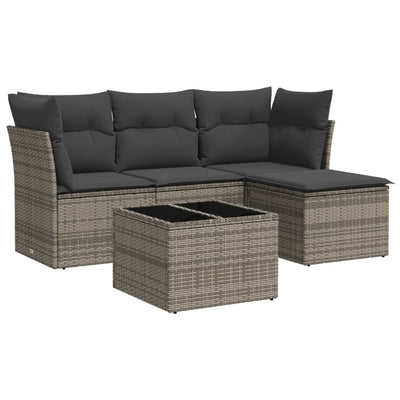 5 Piece Garden Sofa Set with Cushions Grey Poly Rattan