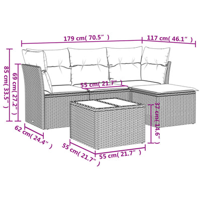 5 Piece Garden Sofa Set with Cushions Grey Poly Rattan