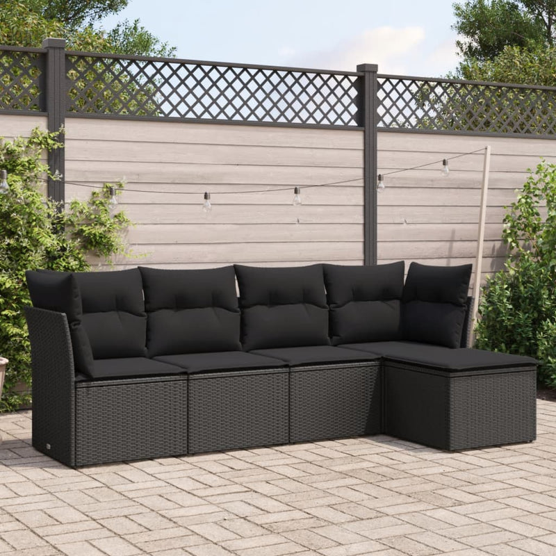 5 Piece Garden Sofa Set with Cushions Black Poly Rattan