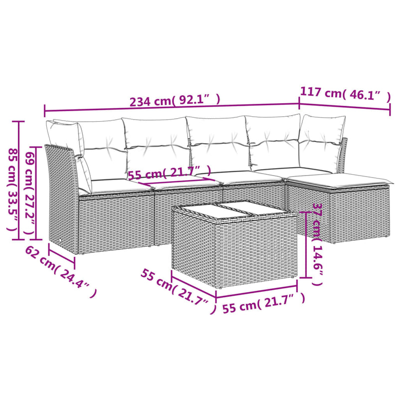 6 Piece Garden Sofa Set with Cushions Grey Poly Rattan