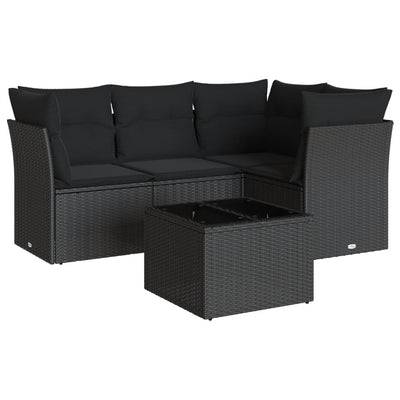 5 Piece Garden Sofa Set with Cushions Black Poly Rattan