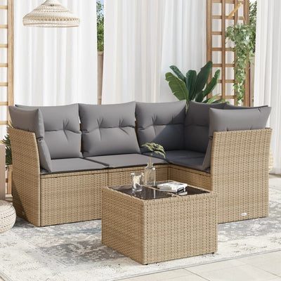 5 Piece Garden Sofa Set with Cushions Beige Poly Rattan