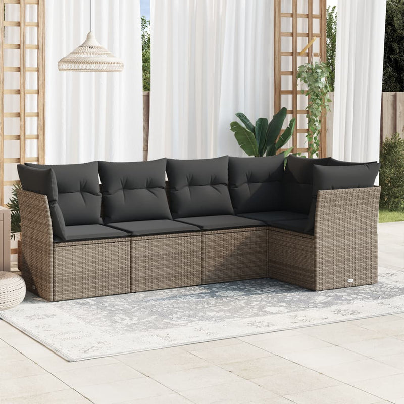 5 Piece Garden Sofa Set with Cushions Grey Poly Rattan