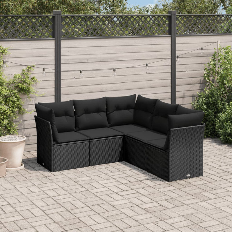 5 Piece Garden Sofa Set with Cushions Black Poly Rattan