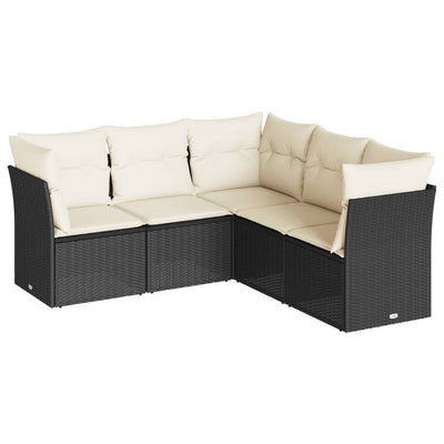 5 Piece Garden Sofa Set with Cushions Black Poly Rattan