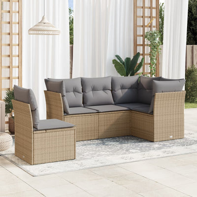 5 Piece Garden Sofa Set with Cushions Beige Poly Rattan