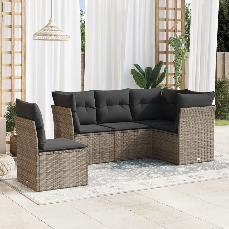 5 Piece Garden Sofa Set with Cushions Grey Poly Rattan