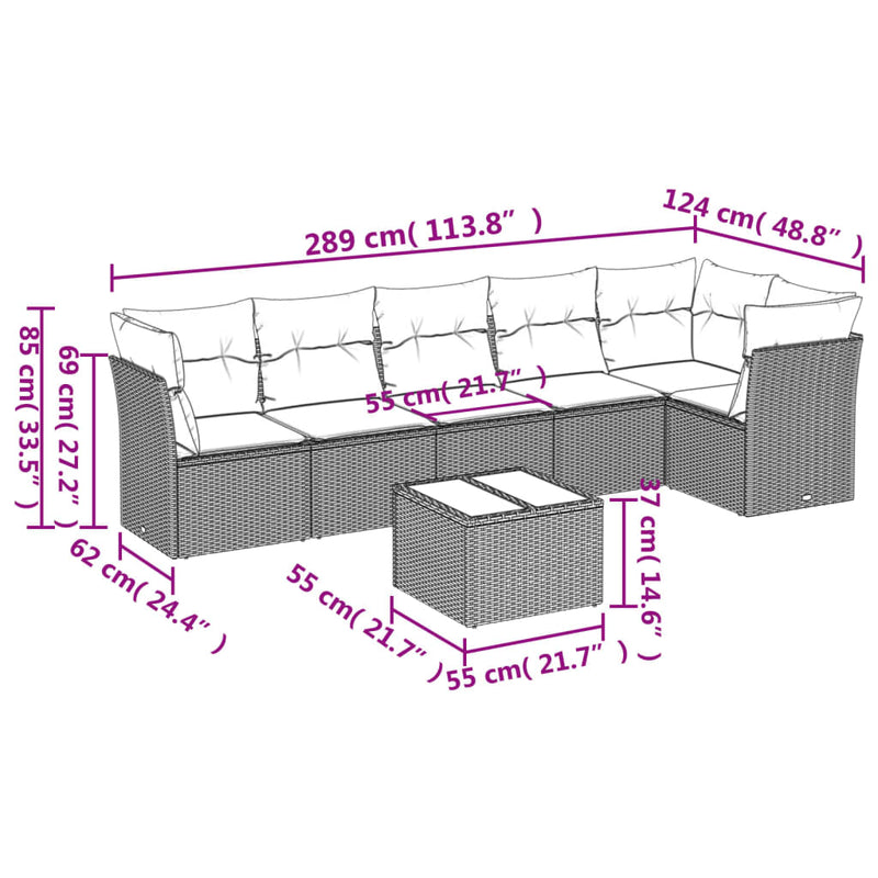 7 Piece Garden Sofa Set with Cushions Grey Poly Rattan