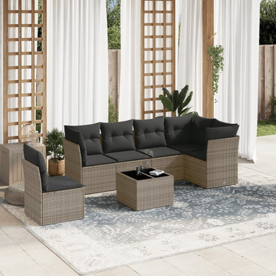 7 Piece Garden Sofa Set with Cushions Grey Poly Rattan