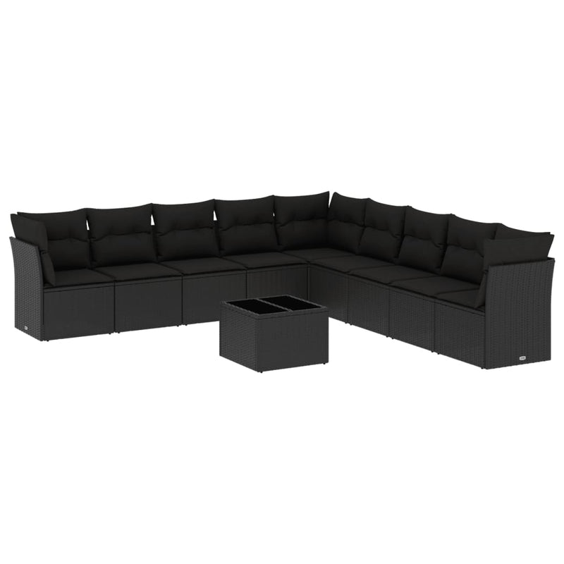 10 Piece Garden Sofa Set with Cushions Black Poly Rattan