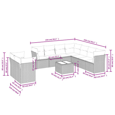 10 Piece Garden Sofa Set with Cushions Grey Poly Rattan