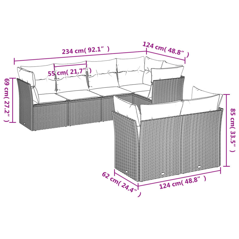 7 Piece Garden Sofa Set with Cushions Grey Poly Rattan