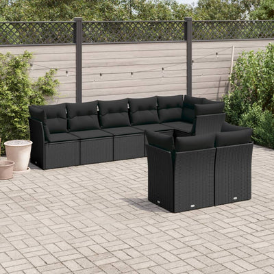 8 Piece Garden Sofa Set with Cushions Black Poly Rattan