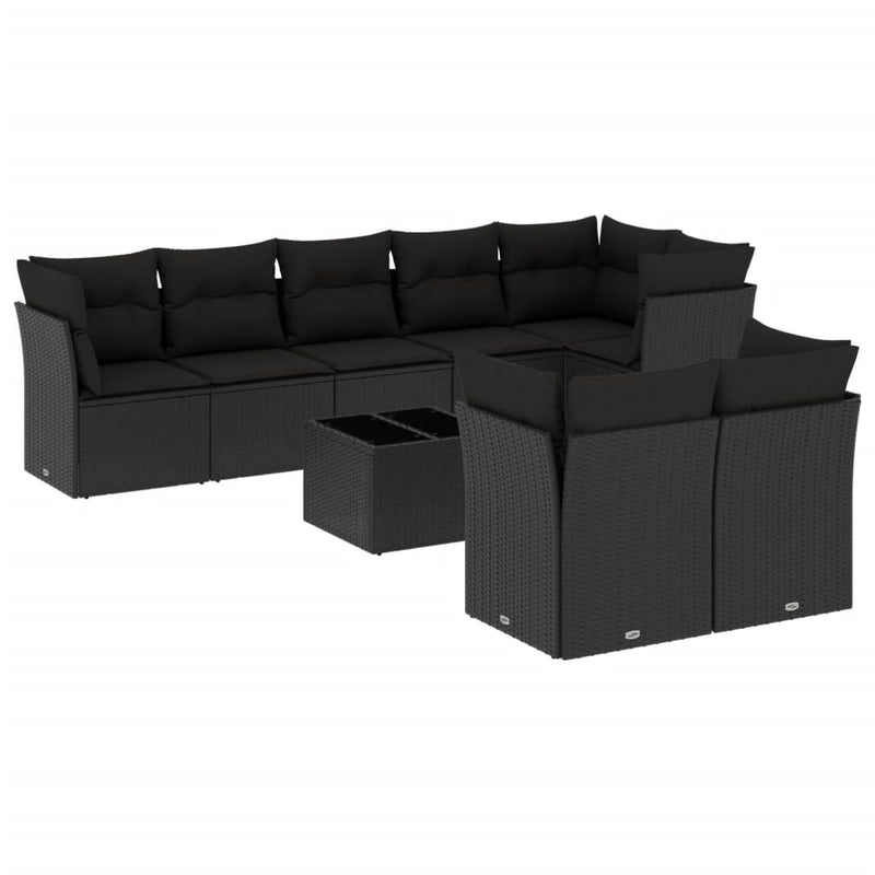 9 Piece Garden Sofa Set with Cushions Black Poly Rattan