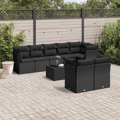 9 Piece Garden Sofa Set with Cushions Black Poly Rattan