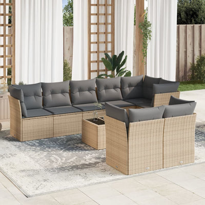 9 Piece Garden Sofa Set with Cushions Beige Poly Rattan