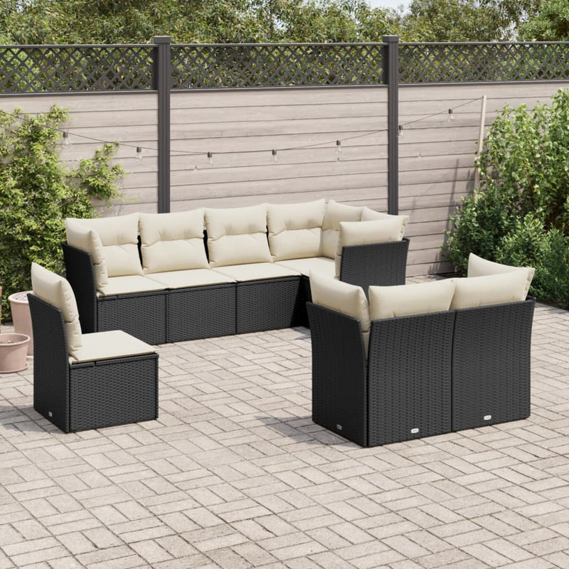 8 Piece Garden Sofa Set with Cushions Black Poly Rattan