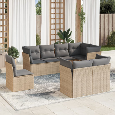 8 Piece Garden Sofa Set with Cushions Beige Poly Rattan