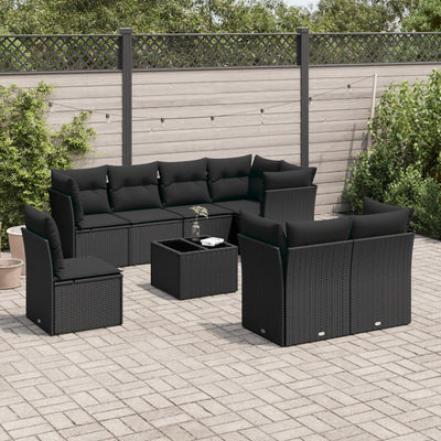 9 Piece Garden Sofa Set with Cushions Black Poly Rattan