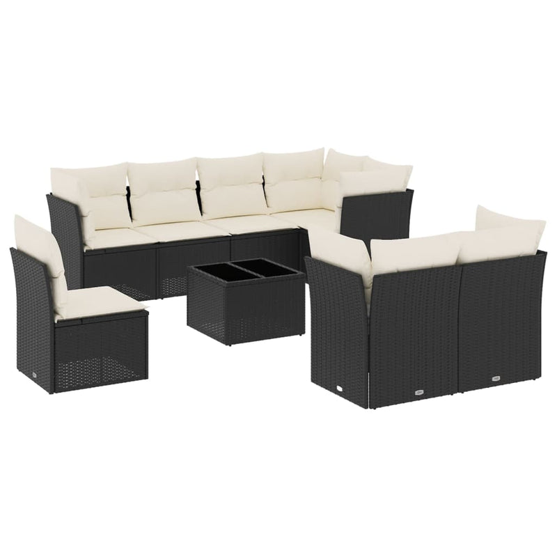 9 Piece Garden Sofa Set with Cushions Black Poly Rattan