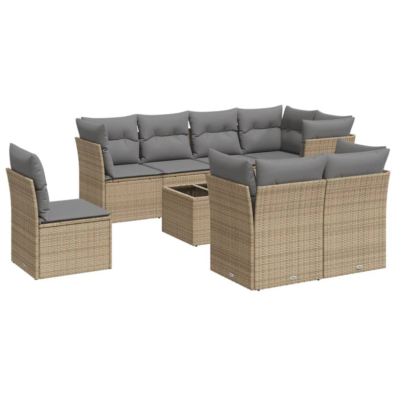 9 Piece Garden Sofa Set with Cushions Beige Poly Rattan