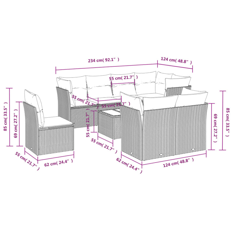 9 Piece Garden Sofa Set with Cushions Beige Poly Rattan