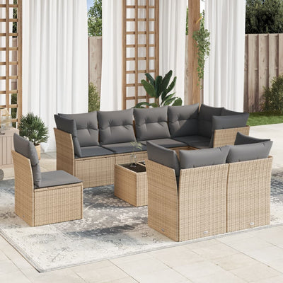 9 Piece Garden Sofa Set with Cushions Beige Poly Rattan