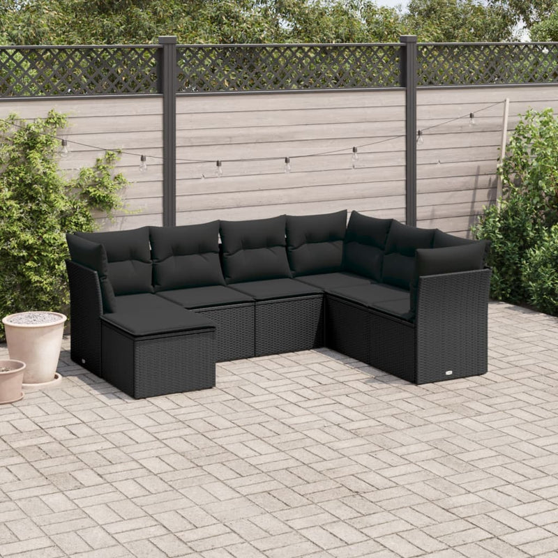 7 Piece Garden Sofa Set with Cushions Black Poly Rattan