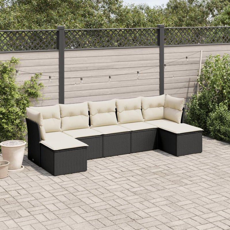 7 Piece Garden Sofa Set with Cushions Black Poly Rattan