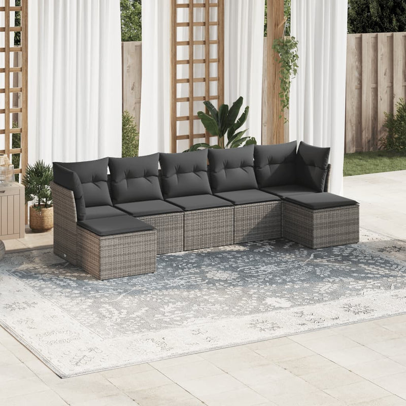 7 Piece Garden Sofa Set with Cushions Grey Poly Rattan