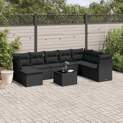 9 Piece Garden Sofa Set with Cushions Black Poly Rattan