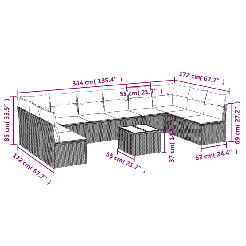 11 Piece Garden Sofa Set with Cushions Grey Poly Rattan