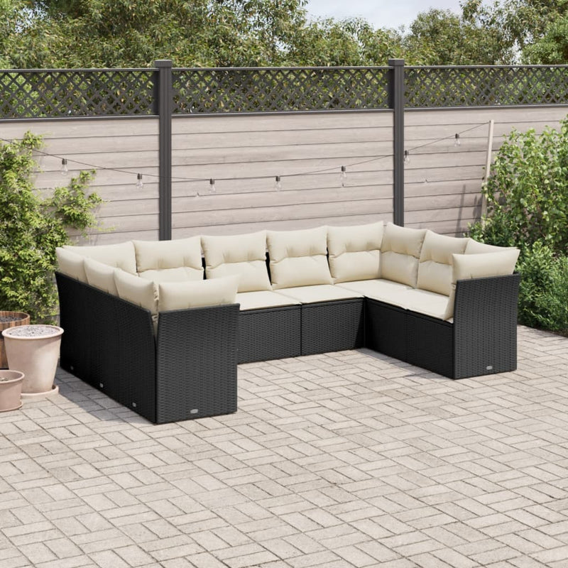 9 Piece Garden Sofa Set with Cushions Black Poly Rattan